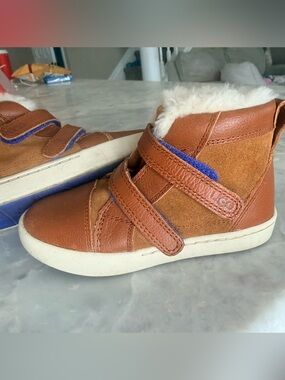 UGG Kids Chestnut Brown Suede & Leather High-Top Boots with Blue Accent